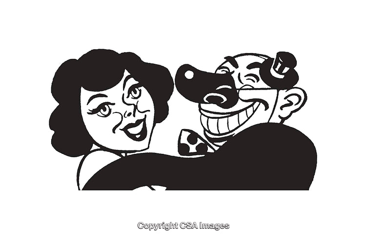 Black and White Line Art Illustration of a Smiling Couple Hugging
