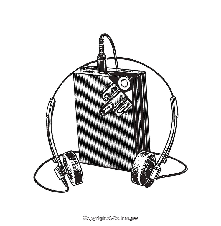 Vintage Line Art Illustration of a Portable Music Player and Headphones