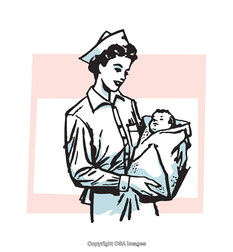 Retro Illustration of Nurse Holding a Baby in Her Arms