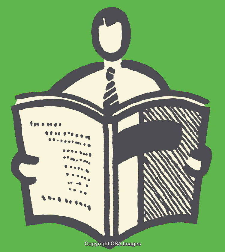 Stylized Illustration of a Person Reading a Newspaper in Green and Beige