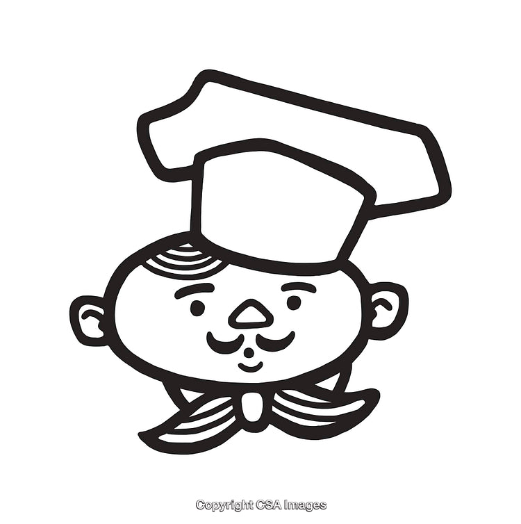 Black and White Cartoon Chef Illustration with Large Hat