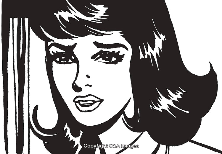 Black and White Pop Art Illustration of a Woman in Thought