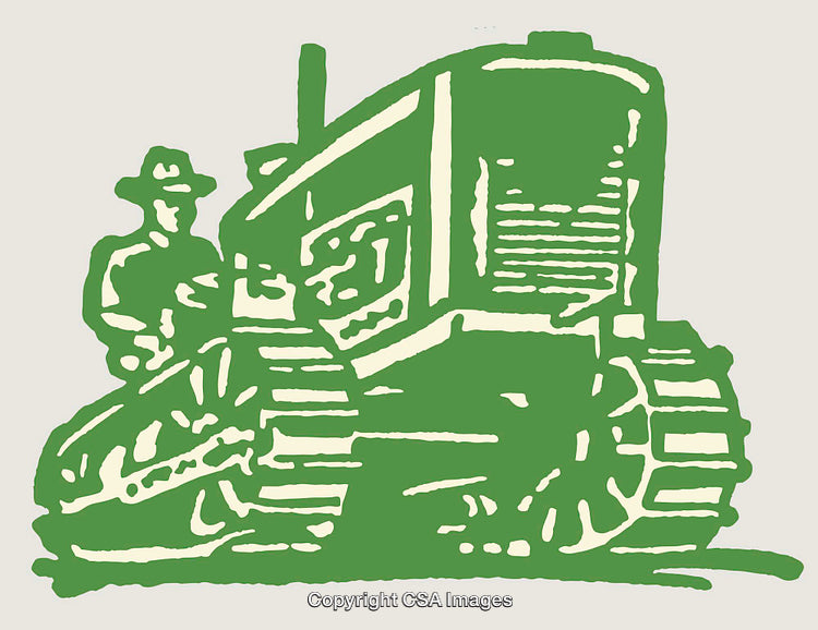 Vintage Style Green Line Art Illustration of Tractor with Farmer