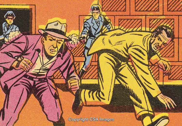 Vintage Comic Art Depicts Action Scene With Men Fleeing and Authorities Chasing