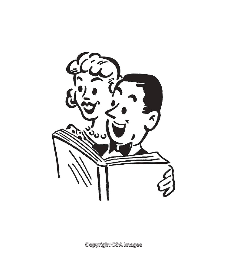 Retro Black and White Illustration of Happy Couple Reading a Book Together