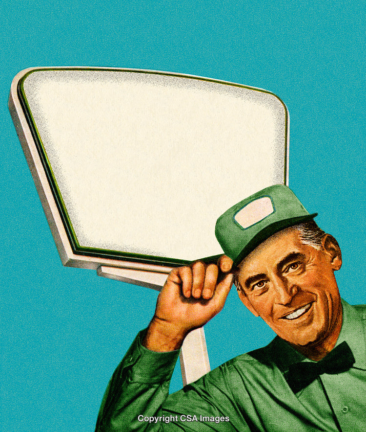 Vintage Poster of a Smiling Man Tipping Cap Beside Blank Sign Board