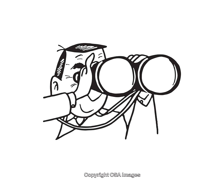 Black and White Illustration of a Man Looking Through Binoculars