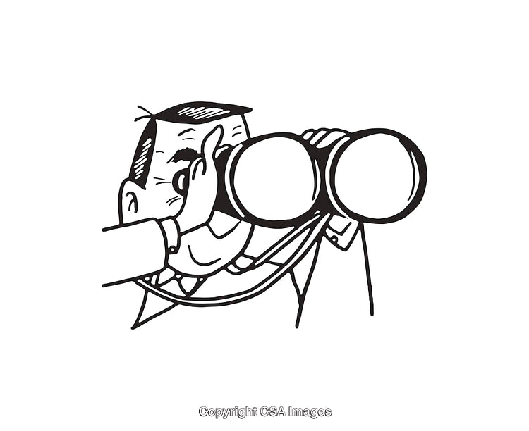 Black and White Illustration of a Man Looking Through Binoculars
