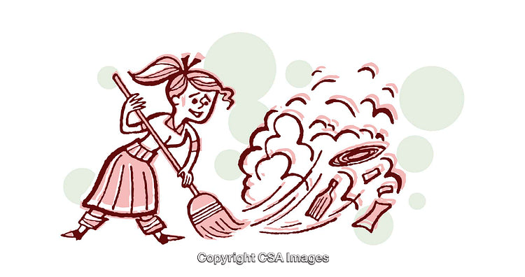 Illustration of a Woman Sweeping Trash with Energy and Enthusiasm
