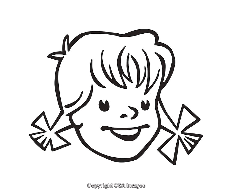 Black and White Line Art of a Smiling Cartoon Girl with Braided Hair