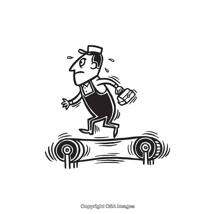 Man Running on Conveyor Belt in Black and White Line Drawing