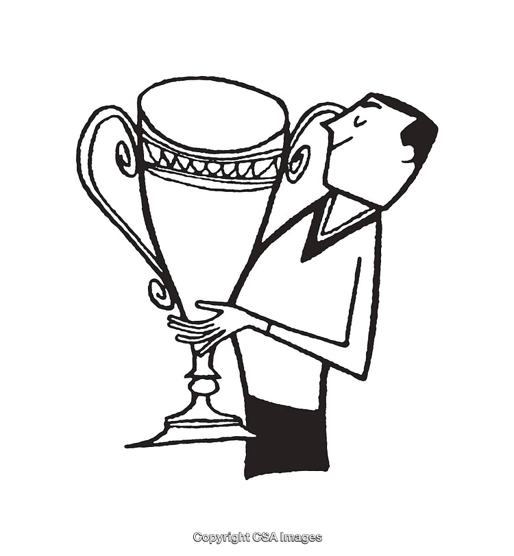 Cartoon Illustration of a Person Holding a Large Trophy with a Smile