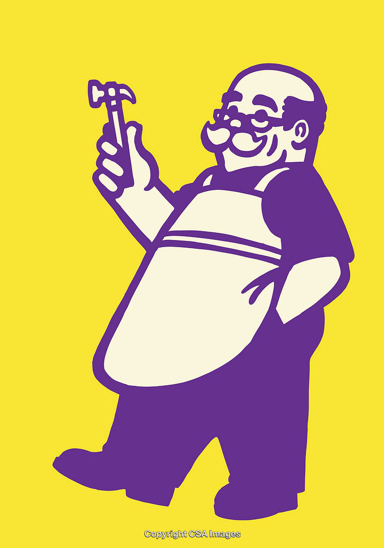 Colorful Illustration of a Craftsperson Holding a Hammer on Yellow Background