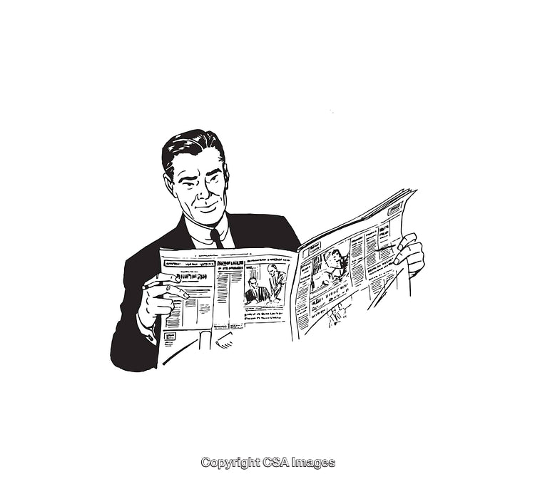 Retro Black and White Illustration of Man Reading a Newspaper