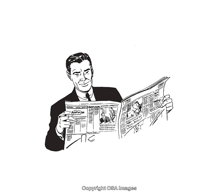 Retro Black and White Illustration of Man Reading a Newspaper