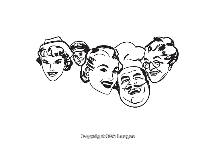 Retro Black and White Line Art Featuring Diverse Character Facial Expressions