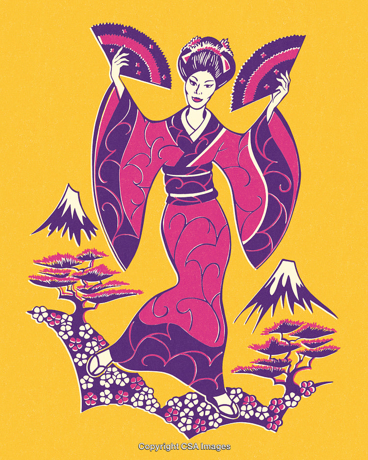 Traditional Japanese Dancer in Vibrant Kimono Holding Fans with Nature Elements
