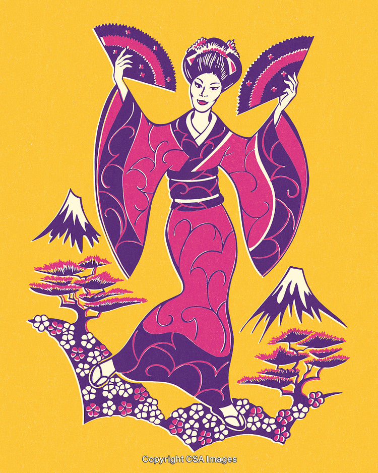 Traditional Japanese Dancer in Vibrant Kimono Holding Fans with Nature Elements