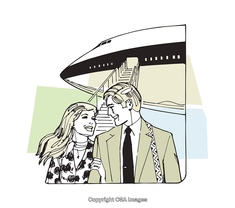 Stylish Couple Posed Near Airplane in Retro Illustration Style