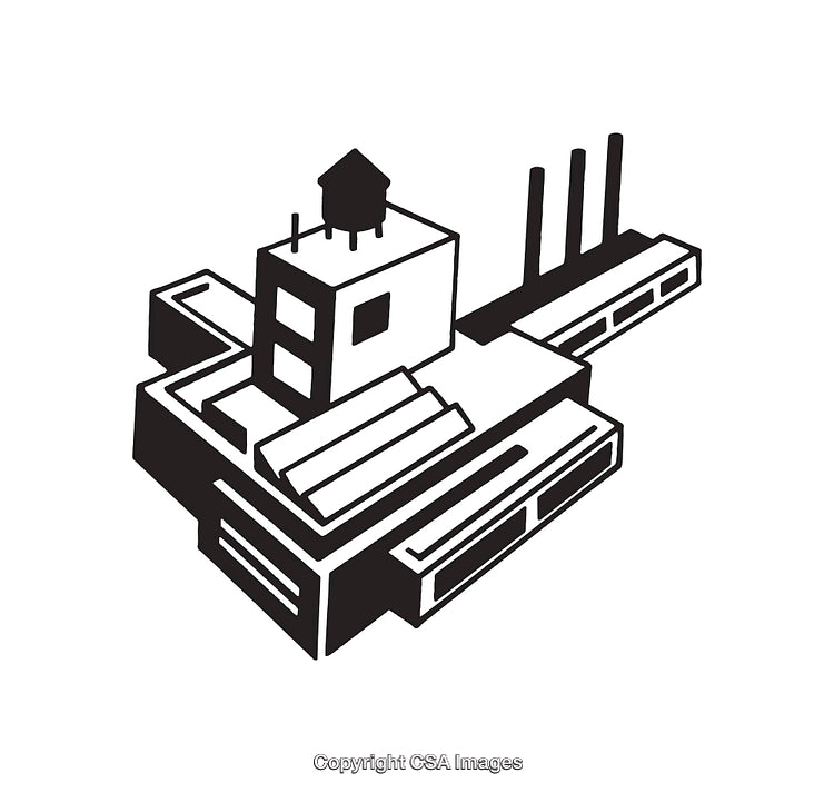 Black and White Line Art Illustration of an Industrial Factory Building