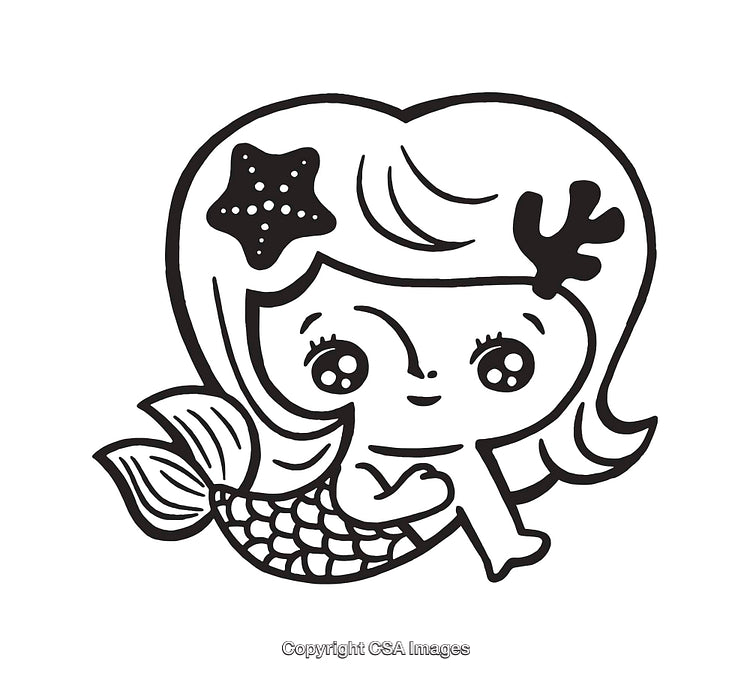 Cute Cartoon Mermaid Line Art Drawing in Black and White