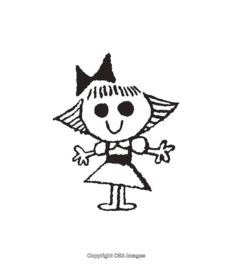 Charming Line Art Illustration of a Cartoon Girl with Bow and Dress