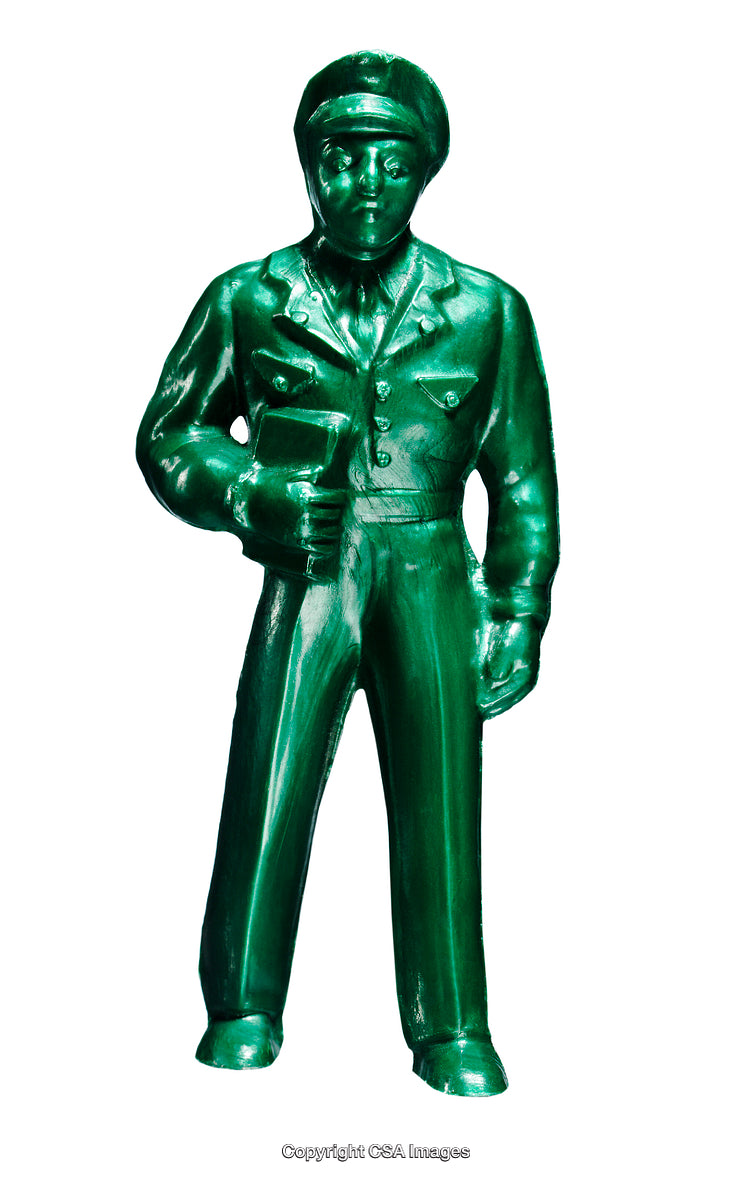 Green Toy Soldier Wearing Military Uniform Standing Upright Against White Background