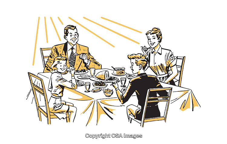 Vintage Illustration of a Happy Family Enjoying a Meal Together