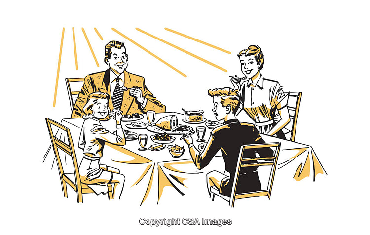 Vintage Illustration of a Happy Family Enjoying a Meal Together