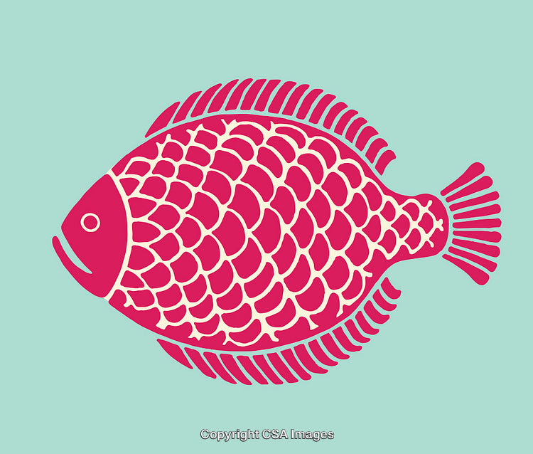 Colorful Stylized Fish Illustration with Pink Details on Blue Background