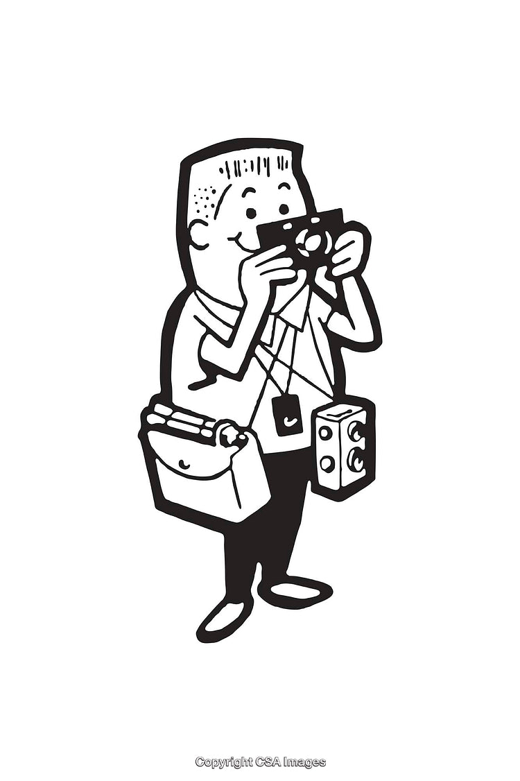 Cartoon Illustration of a Photographer Taking Pictures With Extra Camera Gear