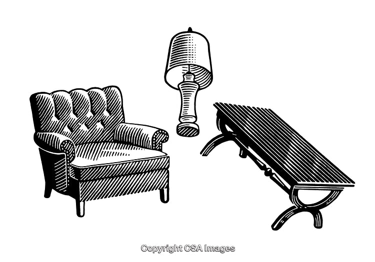 Elegant Black and White Engraved Furniture Illustrations with Home Décor Themes
