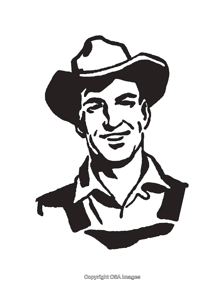 Vintage Black and White Cowboy Illustration in Line Art Style