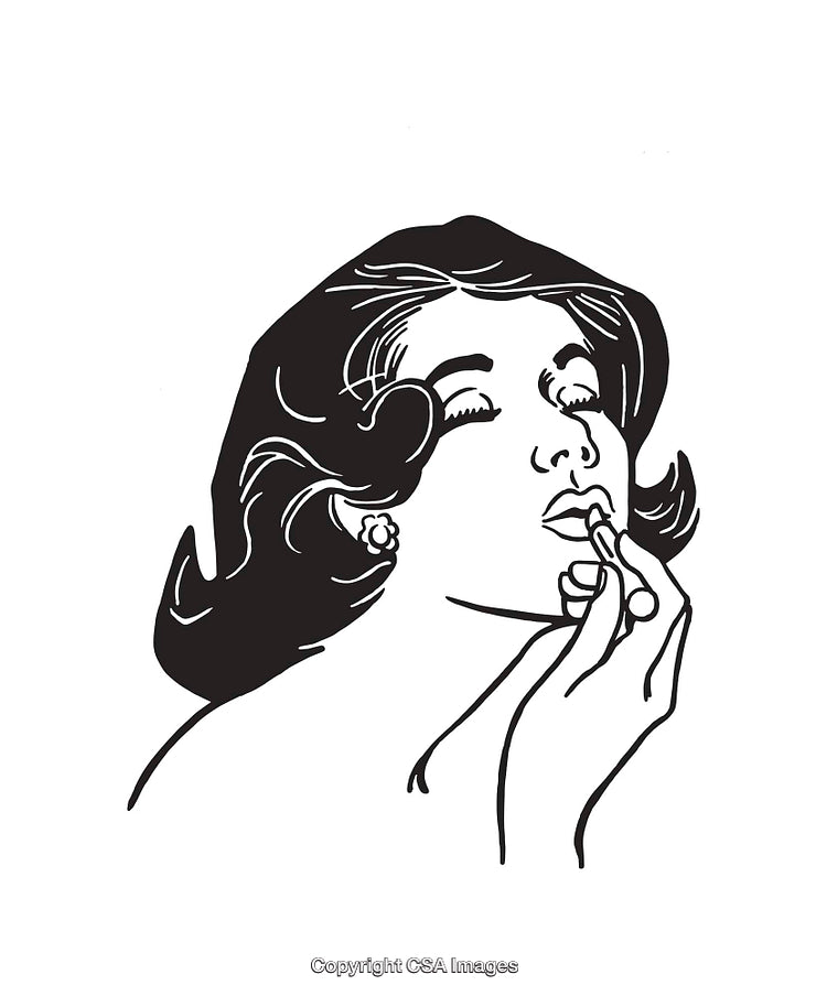 Black and White Vintage Line Art of Woman Applying Lipstick