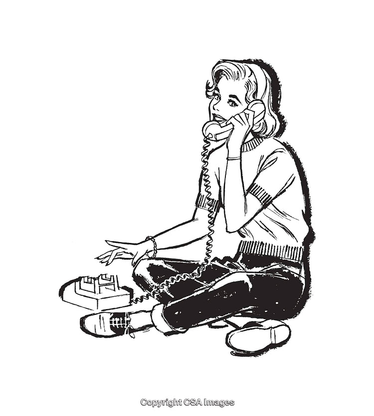 Retro Inspired Line Art of a Woman Using a Corded Telephone
