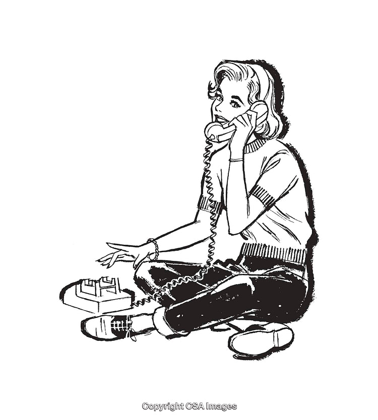 Retro Inspired Line Art of a Woman Using a Corded Telephone