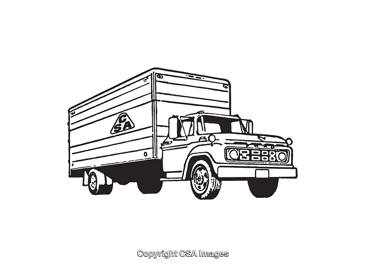 Black and White Line Art Illustration of a Vintage Delivery Truck