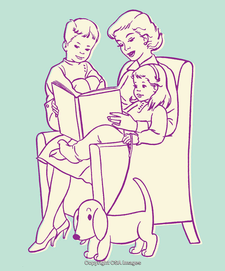 Mother Reading a Book to Her Children with a Dog by Their Side