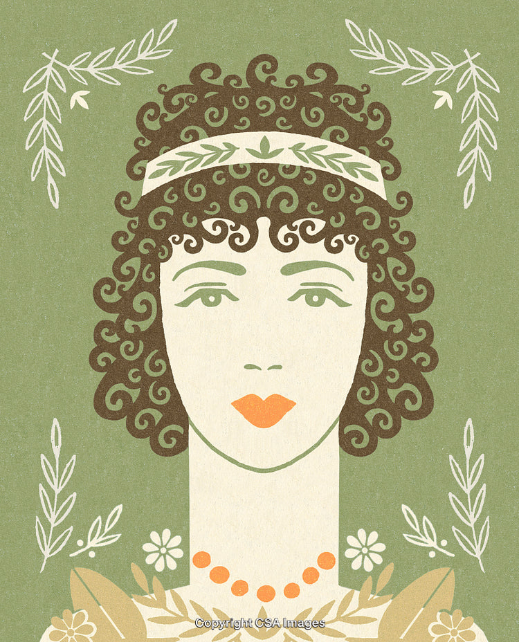 Vintage Style Portrait of Woman with Ornamental Greenery and Floral Accents