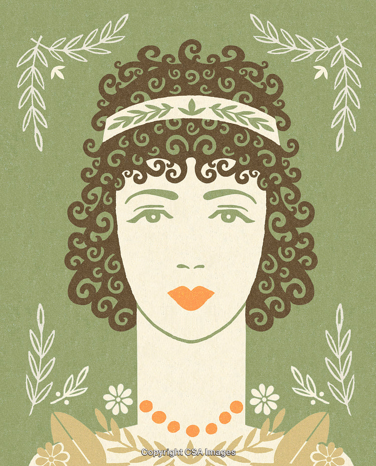 Vintage Style Portrait of Woman with Ornamental Greenery and Floral Accents