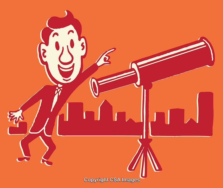 Cartoon Businessman Observing Through Telescope in Urban Setting