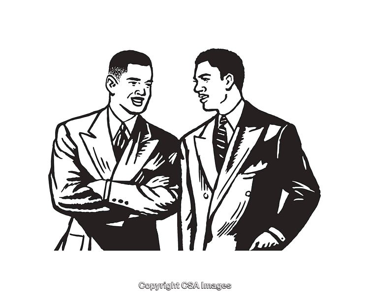 Black and White Line Illustration of Two Men Discussing in Business Attire