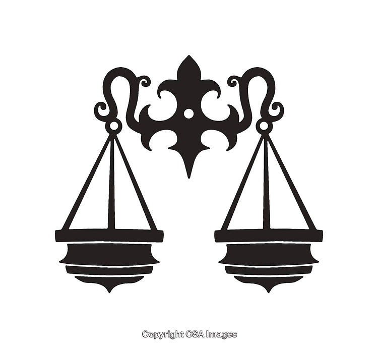 Black And White Vector Illustration of a Decorative Scales of Justice