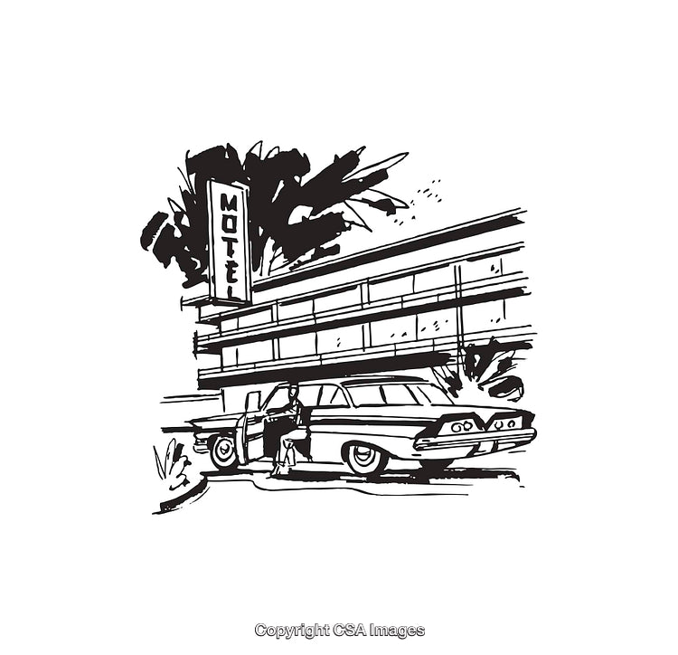 Retro Motel Scene with Vintage Car in Black and White Illustration