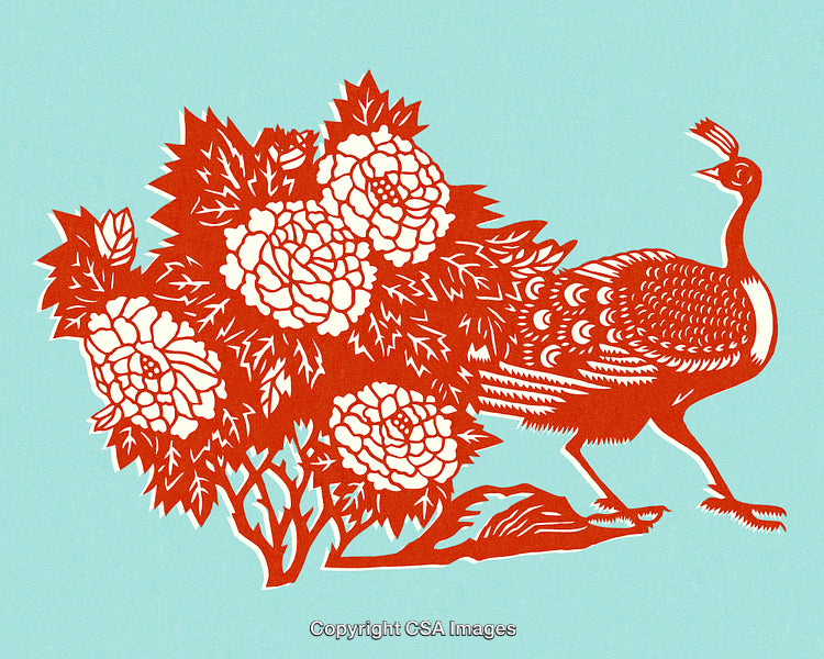 Traditional Papercut Art of a Peacock with Floral Design on Colored Background