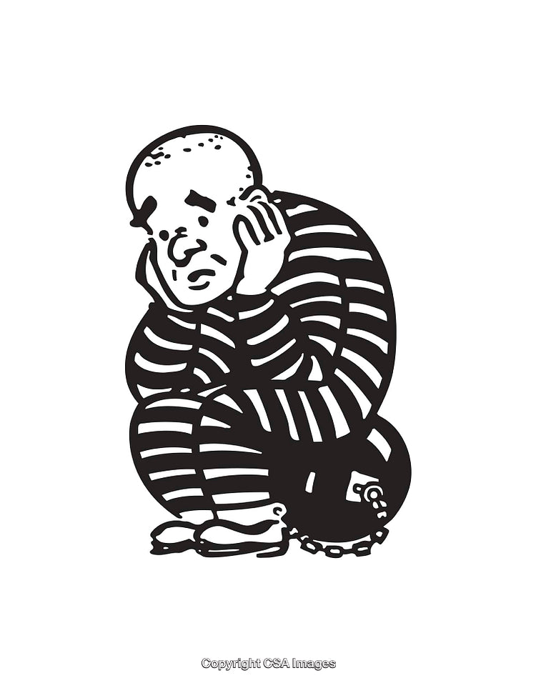 Illustration of a Sad Prisoner in Striped Uniform and Chains