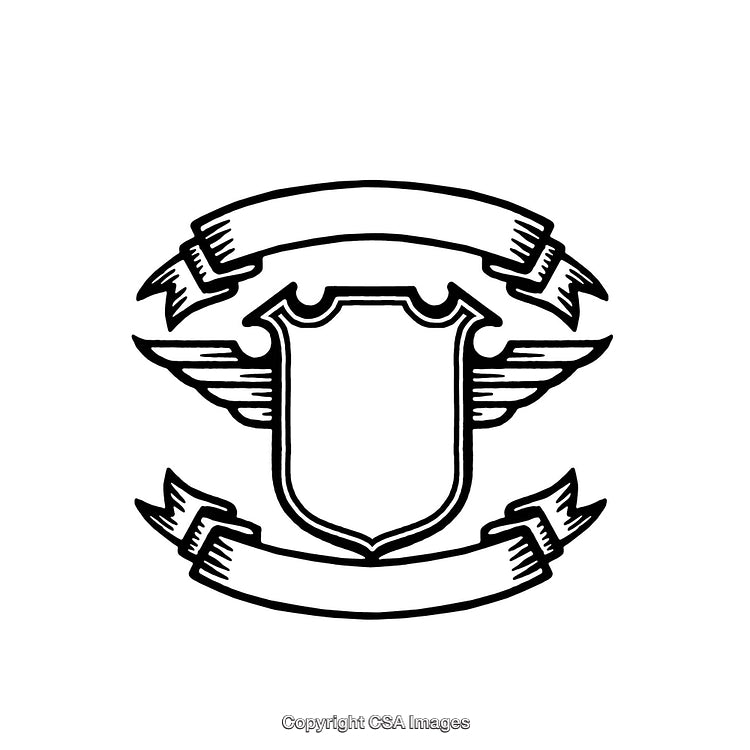 Elegant Black and White Emblem Design with Wings and Ribbons