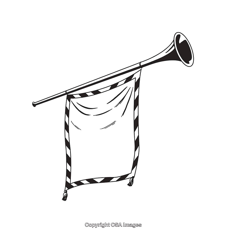 Black and White Line Art of a Trumpet with a Blank Banner