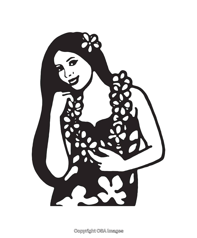 Black and White Illustration of Hawaiian Woman with Floral Lei
