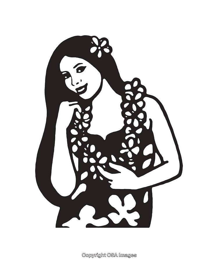Black and White Illustration of Hawaiian Woman with Floral Lei